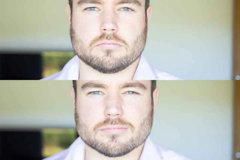 一幅描繪男人微笑和半笑的畫面