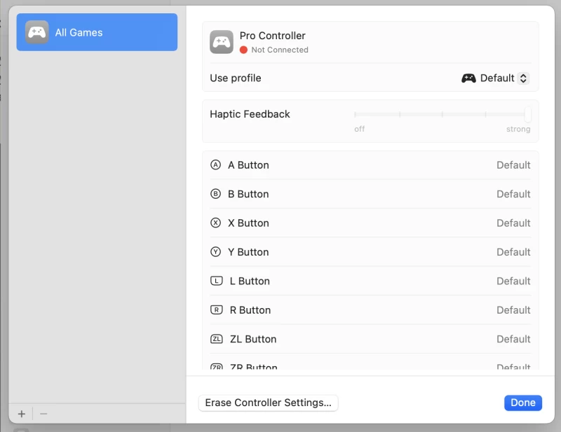 macOS 上的電玩控制器配置和自訂選項。