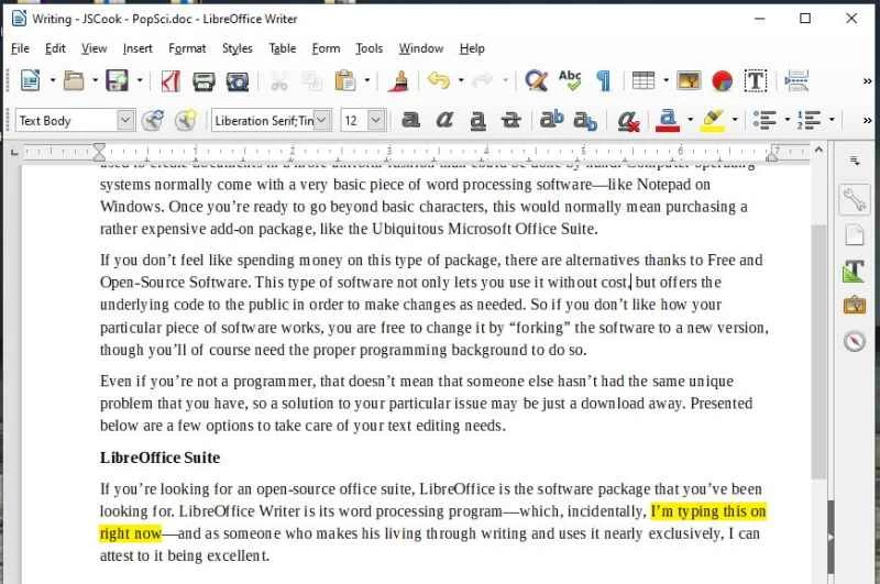 用 LibreOffice Writer 編寫的文本草稿