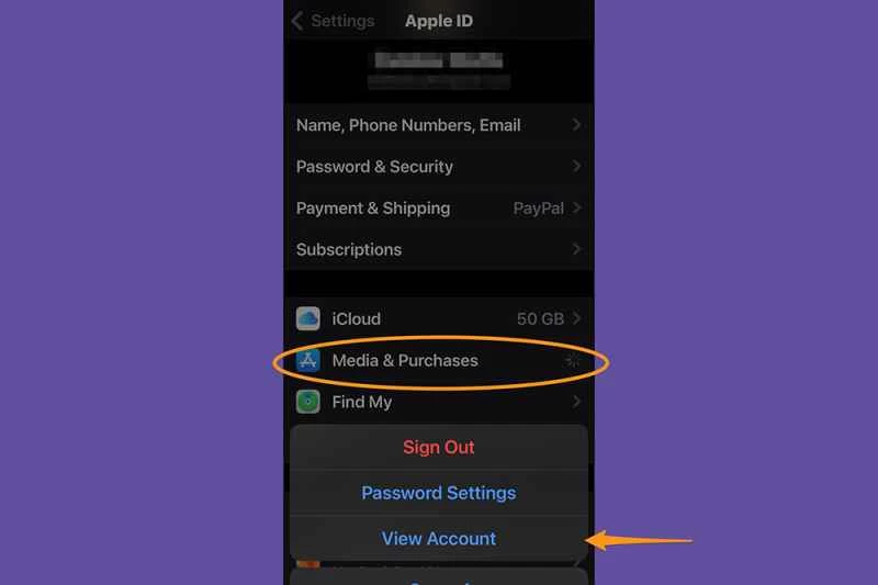 iOS 設定應用程式中顯示的「媒體與購買項目」。