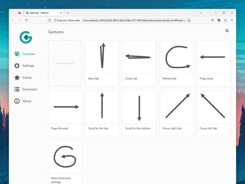 Firefox Gesturefy 擴充功能中的滑鼠手勢描述。