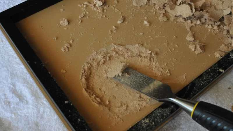 一個人正在用鑿子雕刻刨花板邊桌的底部。