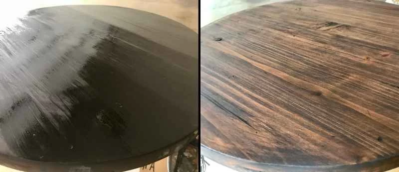 左圖為剛塗抹後的科納木器著色劑。右圖為同一種著色劑乾透變淺後的效果。