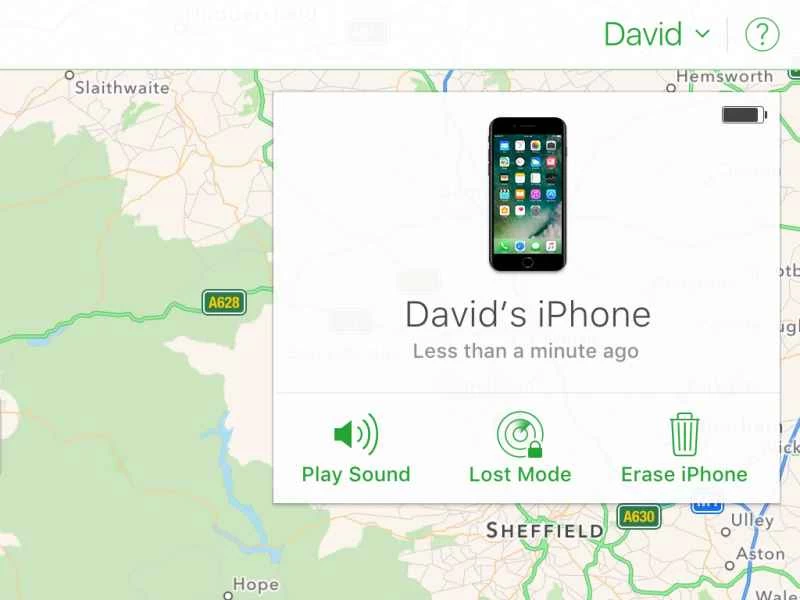 iPhone 上的「尋找我的 iPhone」應用程式螢幕，顯示了 David 的 iPhone 的位置。