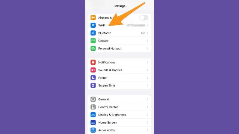 iOS 設定應用程式,顯示 Wi-Fi 選項的位置。