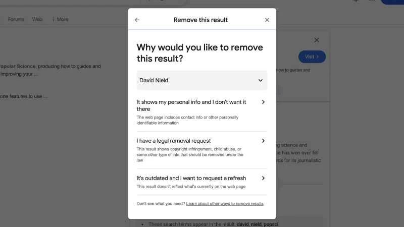 “移除此結果”頁面