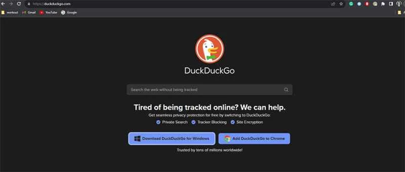 在Google Milome瀏覽器視窗中開啟DuckDuckGo搜尋引擎。