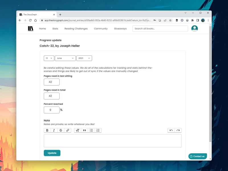 StoryGraph 的閱讀日誌介面，您可以在其中隨時更新應用程式的閱讀進度。