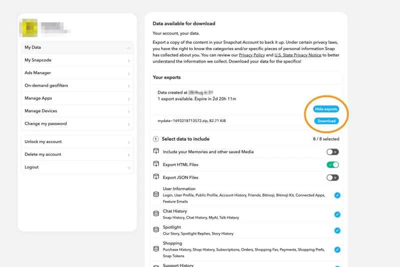 在網頁瀏覽器上開啟 Snapchat 的數據螢幕，顯示在哪裡可以下載您的數據。