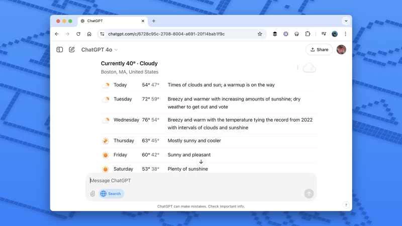 這是使用 chatgpt 搜尋當前天氣的螢幕截圖