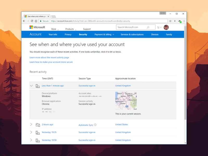 微軟帳戶的帳戶活動頁面。