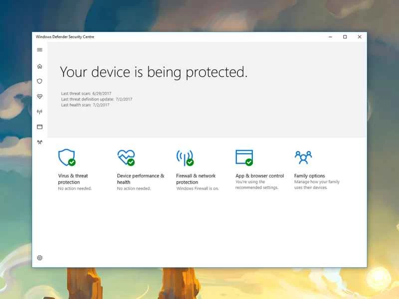 Windows 10 上的 Windows Defender 窗口,顯示病毒威脅和防護以及其他因素。