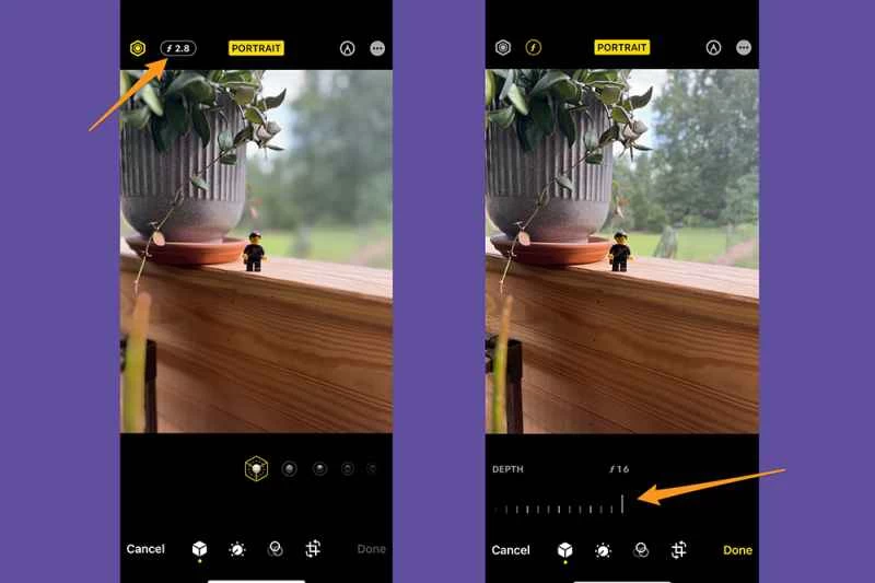 iPhone 照片套用處於編輯模式，顯示當您調整光圈設定時，照片的背景模糊程度如何降低。