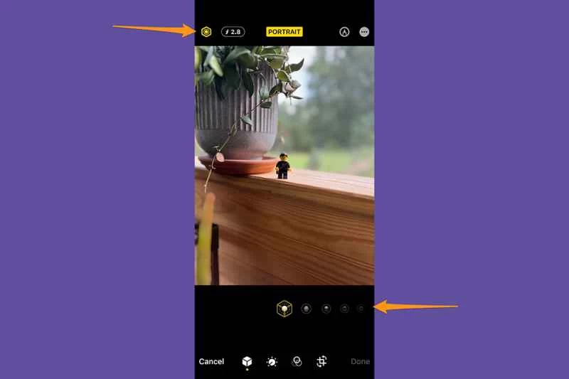 iPhone 照片應用程式處於編輯模式，顯示人像模式特有的編輯工具，例如光圈和光效。