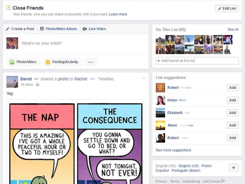 Facebook 建立「密友」清單的選項。