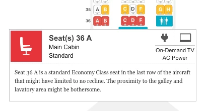 Seat Guru網站提供的不可傾斜座椅的螢幕截圖