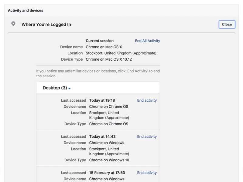 Facebook 安全設定頁面中的 Facebook 登入列表