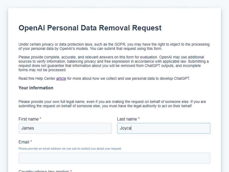 如果您不希望 ChatGPT 了解您的信息,請填寫此表格的螢幕截圖。