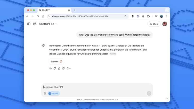 在 chatgpt 上搜尋「曼聯上一場比賽的比分是多少？」的螢幕截圖