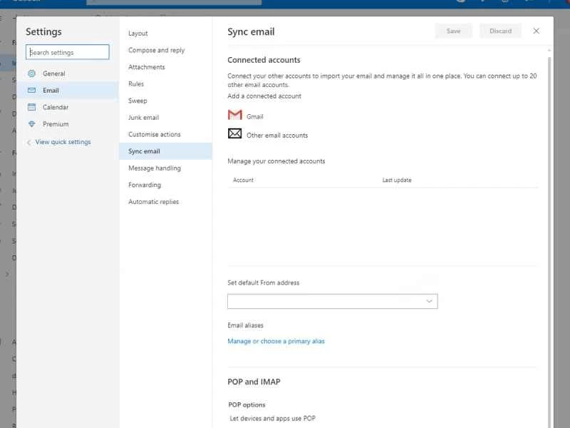 Microsoft Outlook Online 中電子郵件同步的選項。