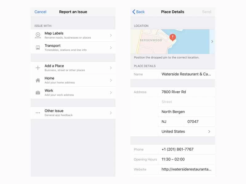 Apple 地圖上的地點編輯和錯誤修復介面。