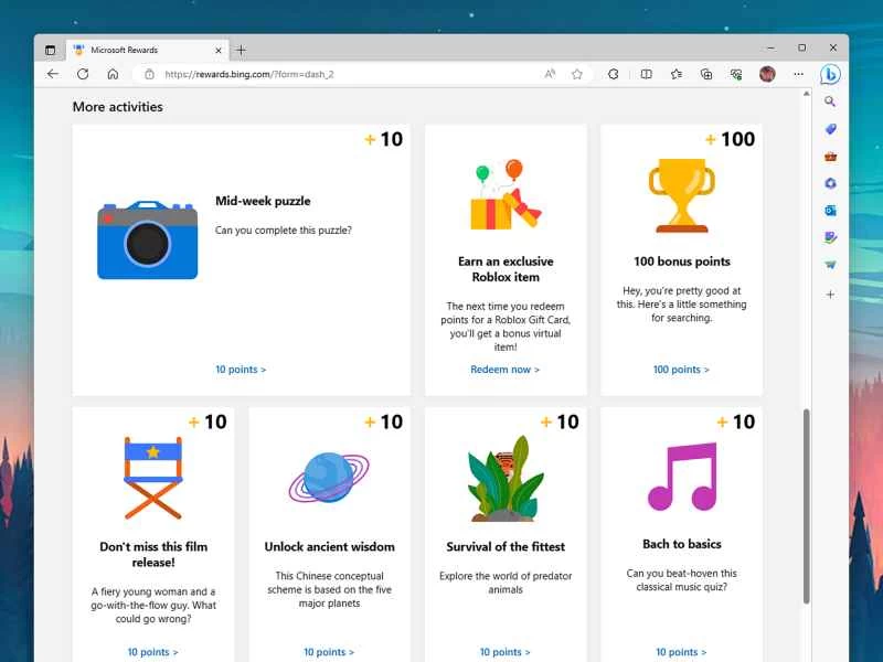 在 Microsoft Rewards 介面上的遊戲頁面，您可以透過玩遊戲來賺取積分。