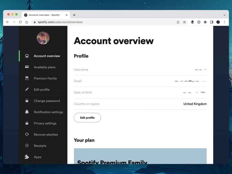 Spotify 帳戶概覽頁面（網頁版）。