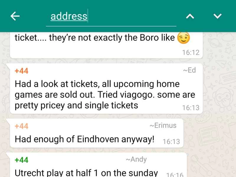 使用 WhatsApp Android 應用程式內的搜尋工具尋找「地址」。
