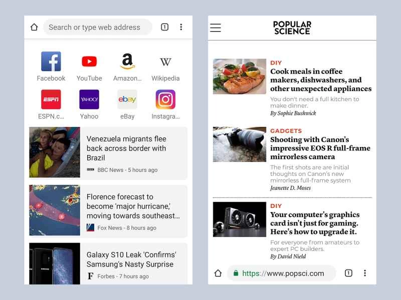 Kiwi瀏覽器應用程式正在顯示《大眾科學》網站。