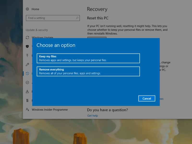 重設 Windows 電腦,可以選擇保留檔案或刪除所有內容。