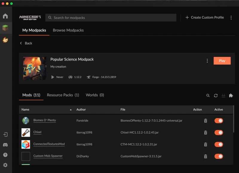CurseForge 上的 Minecraft 模組包。