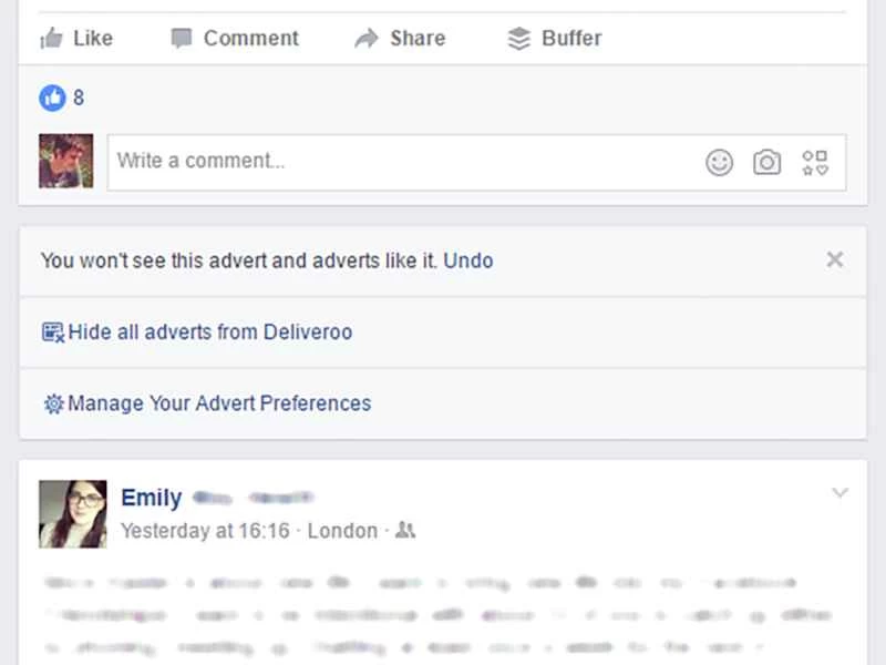 在 Facebook 上選擇隱藏貼文時的選項。