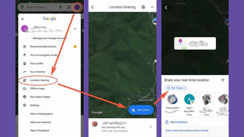 iPhone 上的 Google 地圖應用程式，示範如何與他人分享您的位置。