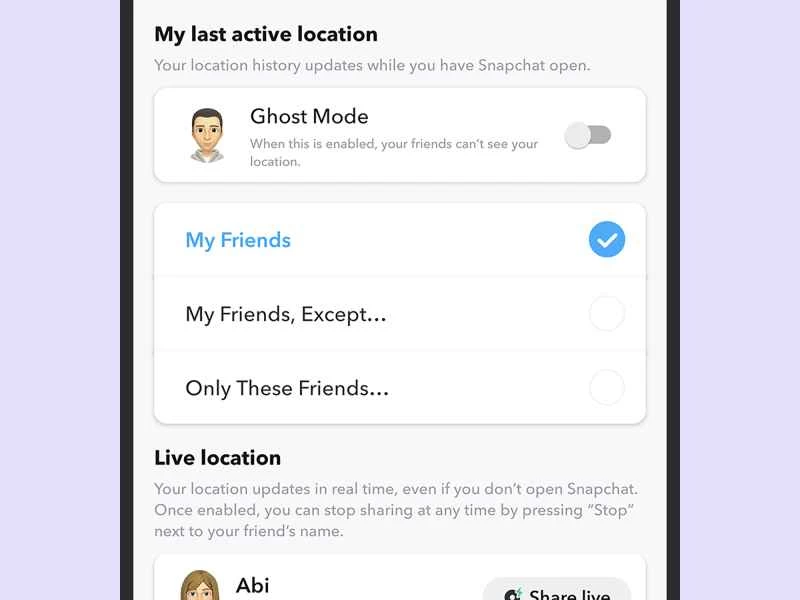 Snapchat 介面，展示如何分享您的位置和其他位置設置，包括“幽靈模式”，該模式會將您從 Snap 地圖中隱藏起來。