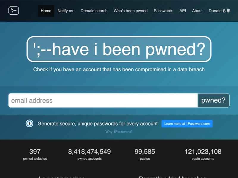 「Have I Been Pwned?」網站的主頁,用於檢查您是否已被駭客攻擊。