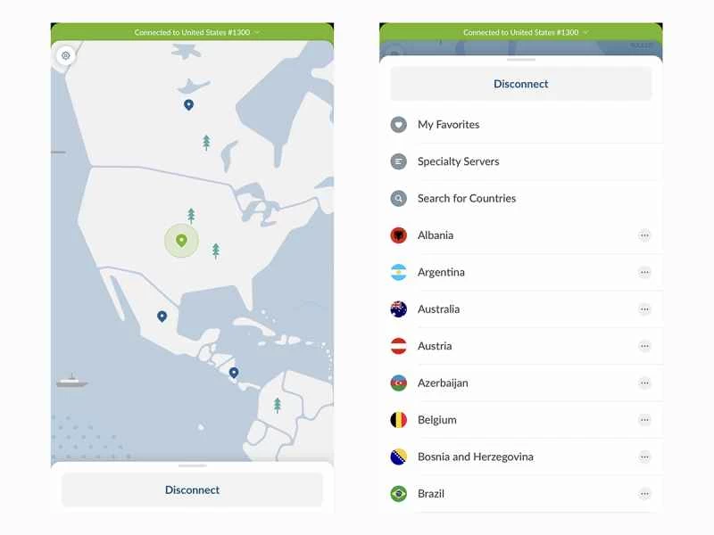 在NordVPN iOS版上選擇其他國家的伺服器位置。