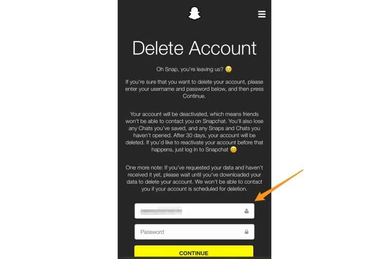 Snapchat 的停用螢幕，其中包含有關刪除 Snapchat 帳戶的含義的資訊。