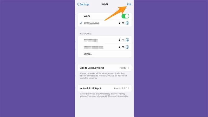 iOS 設定應用程式，顯示「編輯」按鈕的位置，可協助您尋找先前的 WiFi 密碼。