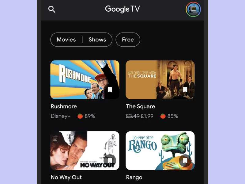 在 Google 觀看清單中所選的電影會出現在 Google TV 應用程式中。