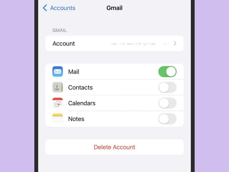 在 iPhone 上刪除 Gmail 帳戶的選項。