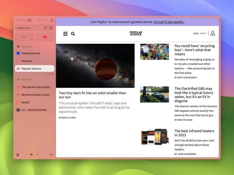 Arc瀏覽器窗口，畫面左側顯示標籤頁。