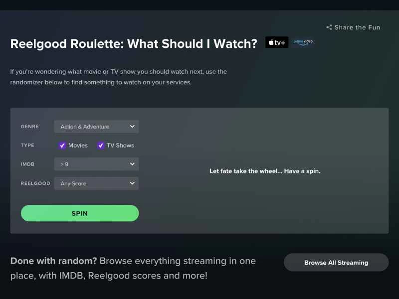 Reelgood 串流媒體工具的使用者介面，顯示了旋轉轉盤觀看隨機劇集或影片的選項。