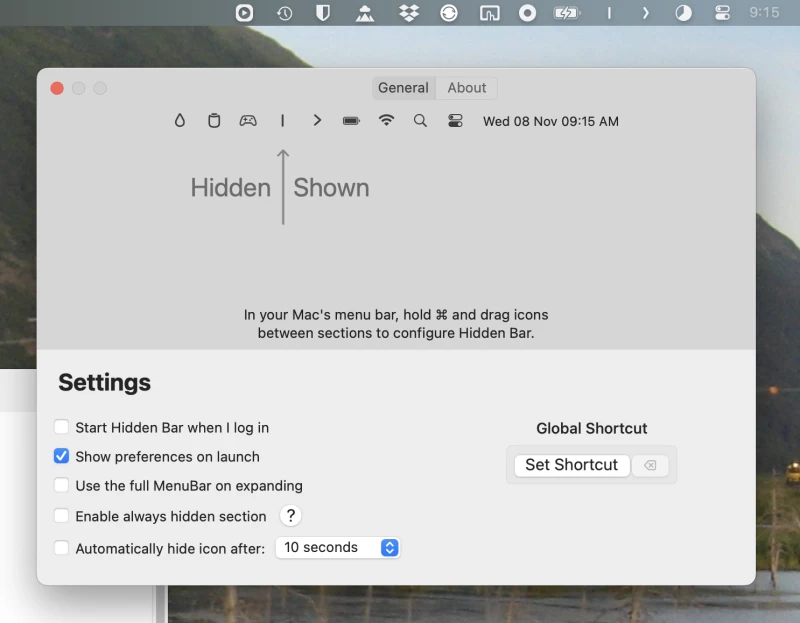 螢幕截圖顯示了 macOS 版 Hidden Bar 應用的選項選單