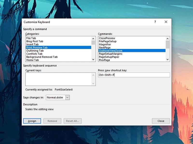 這是 Microsoft Word 中 Windows 系統下「自訂鍵盤」對話方塊的螢幕截圖。