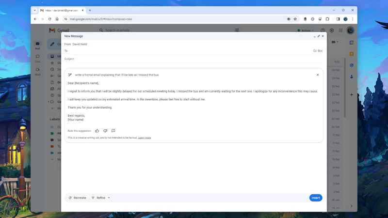 谷歌郵件撰寫介面截圖，展示了人工智慧生成的文本範例