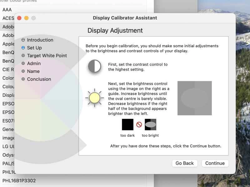 macOS 上的色彩校準工具,顯示顯示調整設定。