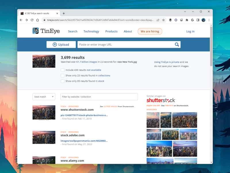 Tineye反向搜尋結果頁面