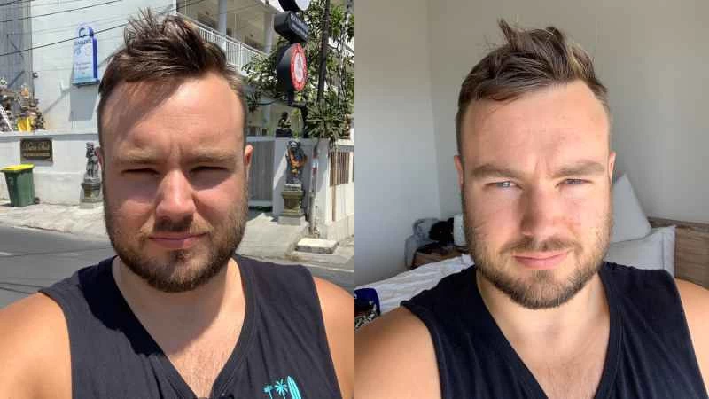 一個人在兩種不同的光線下擺姿勢拍照。