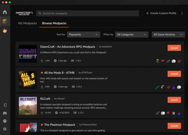 CurseForge 上的模組包瀏覽介面,CurseForge 是一個託管 Minecraft 和其他電玩模組的平台。