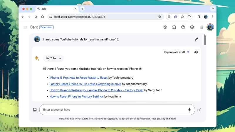 瀏覽器視窗顯示與 YouTube 相關的 Google Bard 提示，以及 AI 助理的回應。